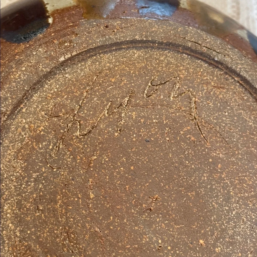Glazed signed pottery bowl kiln fired beige/tans/browns